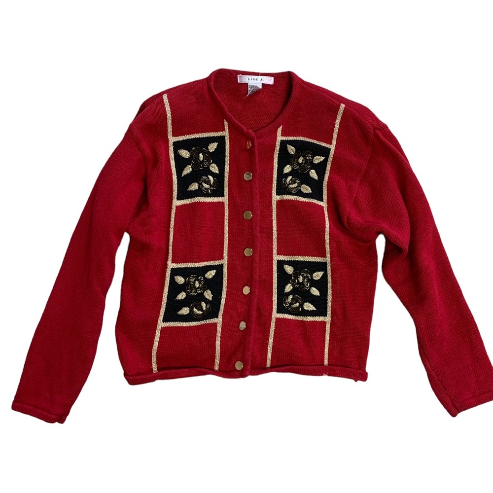 Vintage 90s Red Black Gold Button Sweater With Built In Shoulder Pads